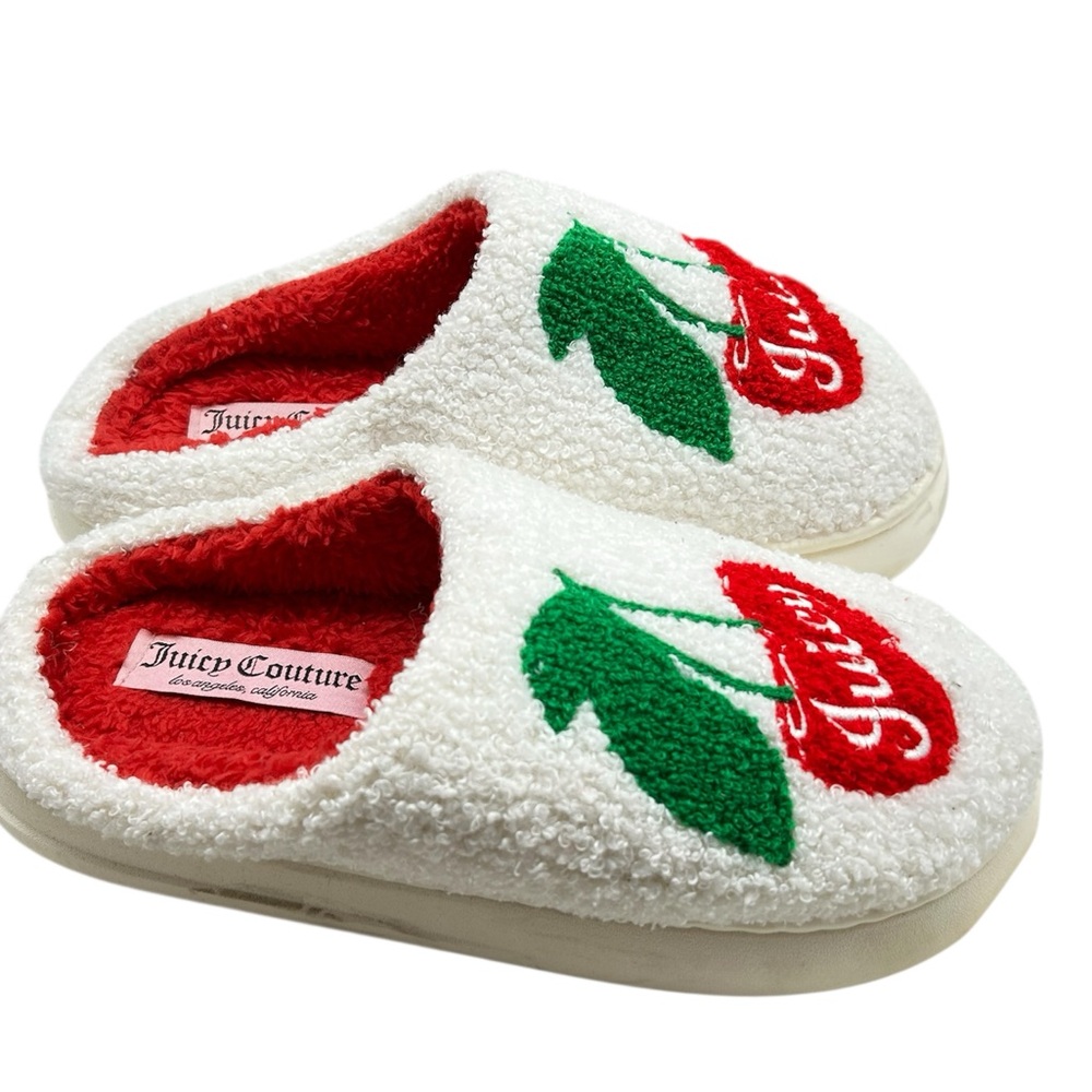 Juicy Couture White Plush Cherry Slip-On Slippers with Red Lining - Picture 4 of 8